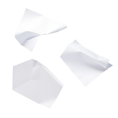 Three white sheets of paper floating in the air against a stark transparent background in the...