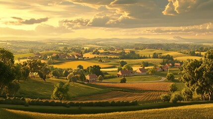 Obraz premium Golden Hour Rural Landscape Rolling Hills and Farmhouses at Sunset
