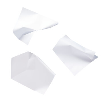 Three white sheets of paper floating in the air against a stark transparent background in the studio png