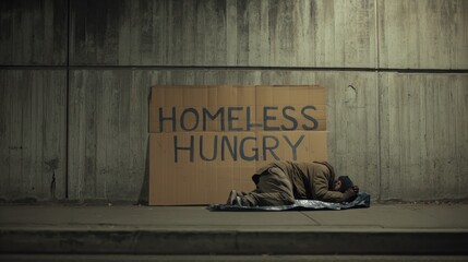 A poignant depiction of homelessness with a sign stating "Homeless Hungry.