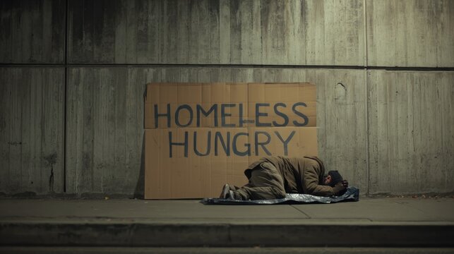 A poignant depiction of homelessness with a sign stating "Homeless Hungry.