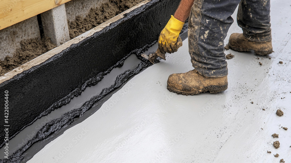 Poster bright worker applies sealant to newly poured concrete surface generative ai