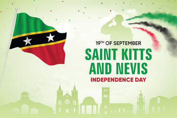 Saint Kitts and Nevis Flag Waving With Army Soldier and Air Show On Skyline Background. Independence Day Concept Design Vector Illustration.