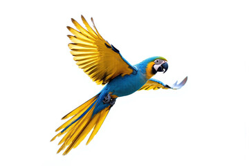 blue and yellow parrot flying through the air