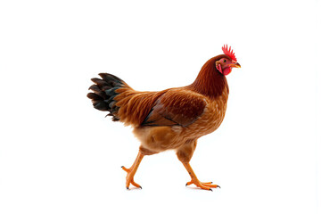 Fototapeta premium brown chicken with a red comb walking on a white background