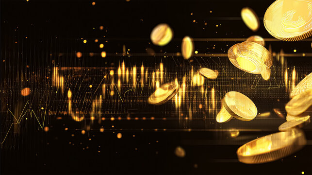Flying bitcoin and falling charts gold coins tossed on black background. Generated by Ai