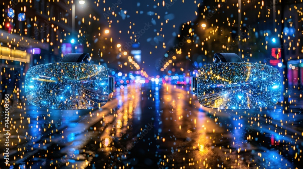 Poster virtual reality headset floating in a futuristic cityscape with neon lights reflecting on wet street