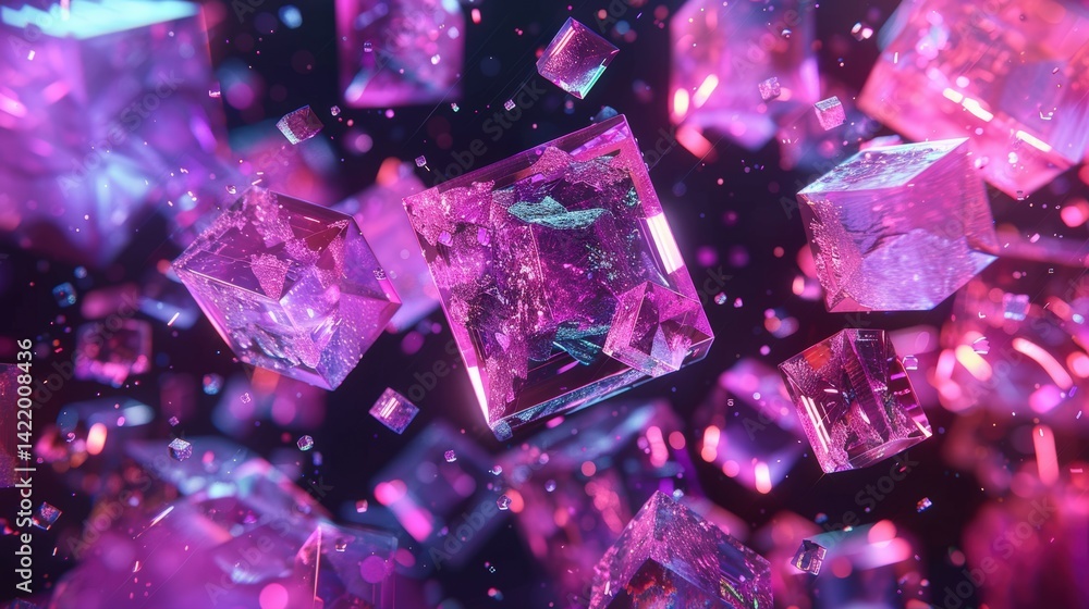 Poster floating translucent pink crystals suspended in a futuristic digital space. abstract representation 