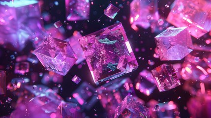 Floating translucent pink crystals suspended in a futuristic digital space. Abstract representation of quantum computing, high-tech materials, and advanced energy structures.