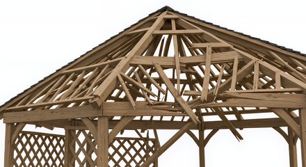 Obraz premium Collapsed Wooden Gazebo Roof Structure Isolated on White Background
