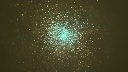Tracking video of an explosion of bioluminescent spores, a vibrant cascade of glowing particles, emerging over a uniquely blurred, muted olive backdrop