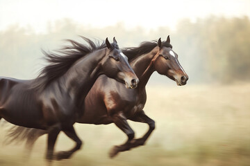 Obraz premium Majestic Equines in Motion, Embracing Freedom and Grace in Nature’s Landscape, Highlighting Power and Elegance.
