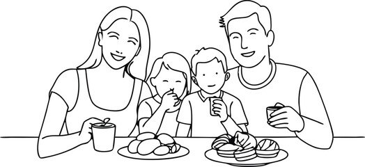 Line Art Asian Family Enjoying Breakfast, Smiling Parents, Children Eating Pastries, Happy