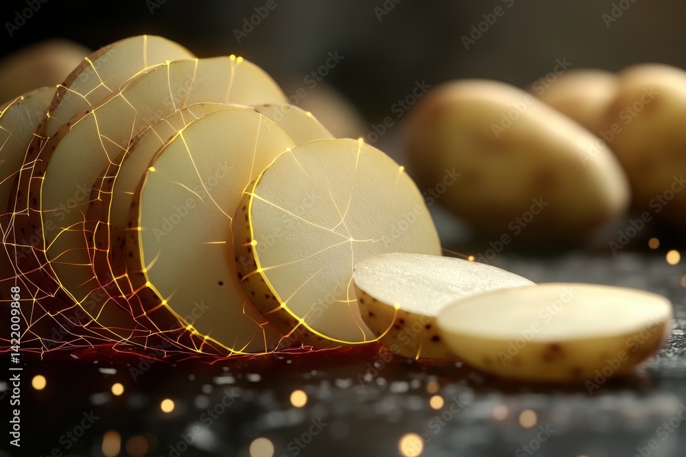 Poster unique presentation of neatly sliced potatoes on a textured surface with soft lighting