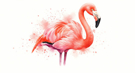 Flamingo Standing Illustration, Pink Bird Watercolor Painting on White
