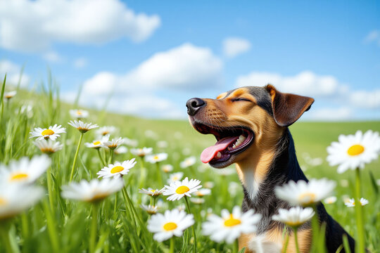 dog laying in a field of daisies with its tongue out