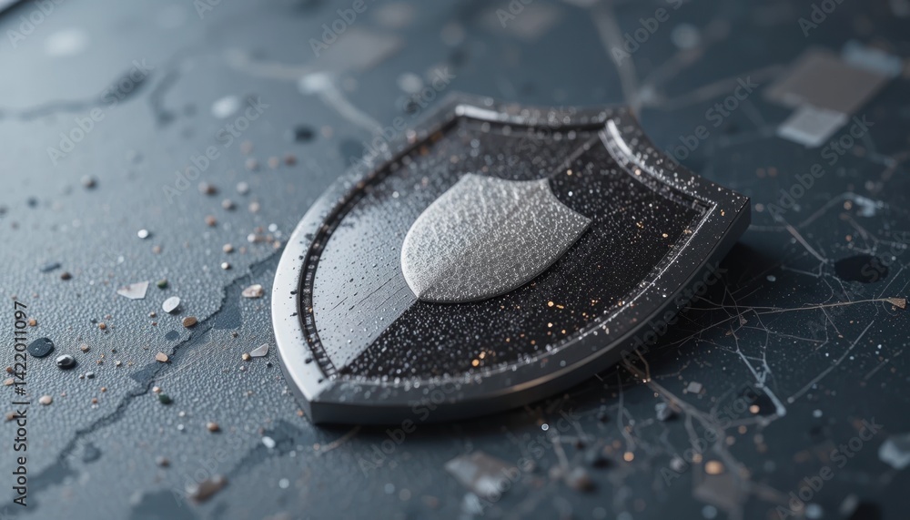 Poster protecting digital assets cybersecurity shield virtual environment 3d render abstract design technol
