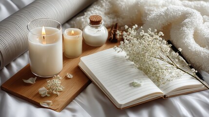 Tranquil Yoga Space with Candles, Flowers, and Notepad for Mindful Relaxation