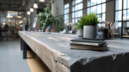 Modern Neutral Office Background with Stylish Desk and Green Plants for Workspace