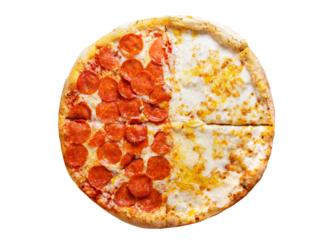 half pepperoni and half cheese pizza isolated on transparent background, top view