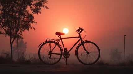 Fototapeta premium Bicycle Silhouette Against a Rising Sun in a Serene Outdoor Landscape