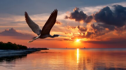 Fototapeta premium Majestic Heron in Flight at Sunset Over Calm Ocean Waters