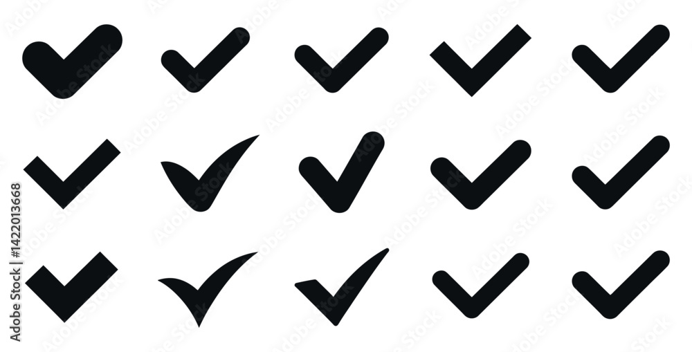 Poster collection of black check mark icons in various styles and shapes on a white background illustrating