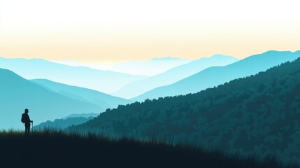 Silhouette of a hiker admiring a breathtaking panoramic view of serene, layered mountains at sunset.