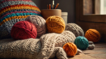 Colorful yarn balls and knitted items on wooden surface near window