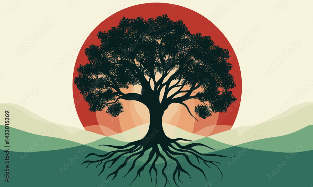 Poster abstract tree with strong roots symbolizing growth in flat minimalist vector art