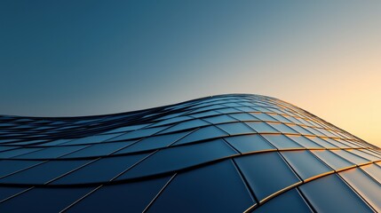 A modern building's glass facade reflects the sky, showcasing a wavy, dynamic design that captures light beautifully at sunset.