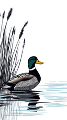 Obraz premium Minimalist Mallard Duck Among Reeds at Lake Shore Vector Art Illustration