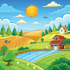 Fototapeta premium Summer Field Countryside Landscape Illustration | Sunny Day Cartoon Rural Scenery
