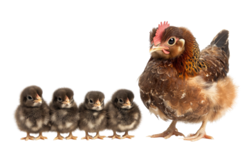 A proud mother hen watches over her four fluffy chicks against a clean white background showcasing their delicate features and soft down.