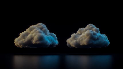 Two cloud formations isolated on black background sky weather forecast element design concept 
