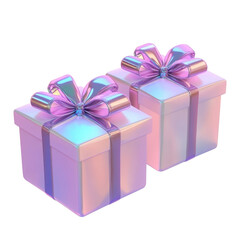 Obraz premium Two iridescent gift boxes with purple ribbons sitting side by side on a black background with effects