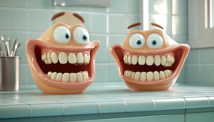 Cartoonish dental hygiene reminder featuring quirky toothy characters in a bathroom