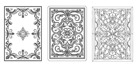 Set of Retro vintage frames borders ivy curl vector illustration elegant square shape for back card flower classic black outline.