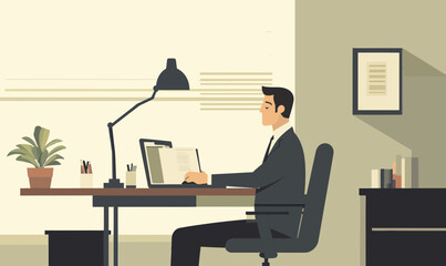 Businessman Remote Work Desk Setup in Minimalist Style Vector Illustration