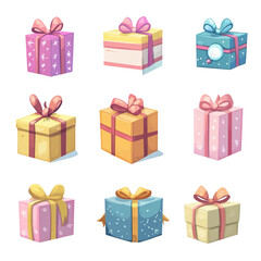 Fototapeta premium Nine cute gift boxes with colorful ribbons and bows a delightful collection for any occasion
