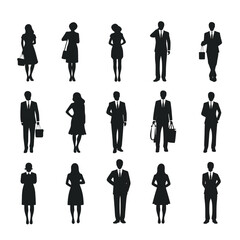 Silhouettes of diverse professional men and women standing in various poses on a transparent background png