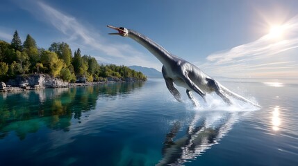 Prehistoric Plesiosaur Leaping from Water Lakeside Landscape Jurassic Era
