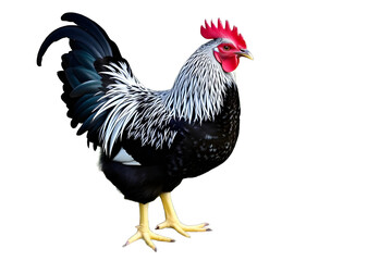 Fototapeta premium Striking Portrait of a Black and White Rooster in white background 