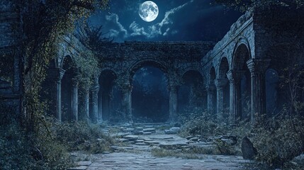 Enigmatic Night at the Ancient Ruins: A Moonlit Path Through Time
