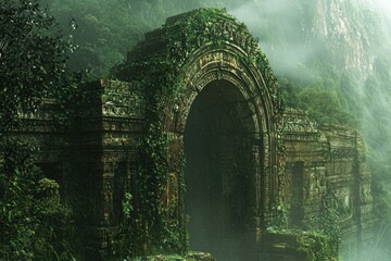 Ancient stone archway overgrown by lush jungle vegetation, a mystical gateway shrouded in mist.