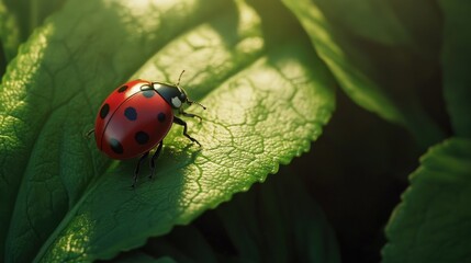 Obraz premium A Red Spotted Ladybug Perched Beautifully On A Green Leaf