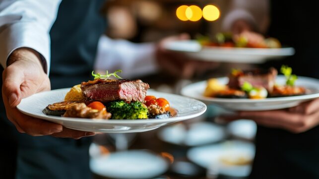 Waiter carrying plates with meat dishes at festive event - gourmet food service, catering, and fine dining.