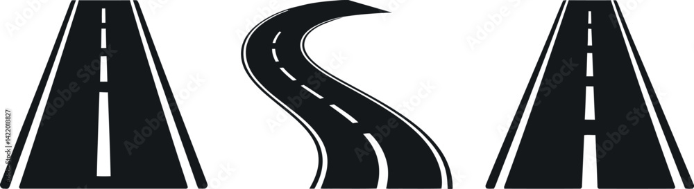 Poster road vector set straight and curved highway elements for navigation and transportation isolated on w
