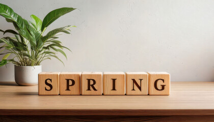 Wooden blocks spelling SPRING on wooden table with plant
