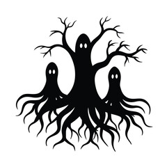 ghostly wraiths tangled in the roots of a giant tree